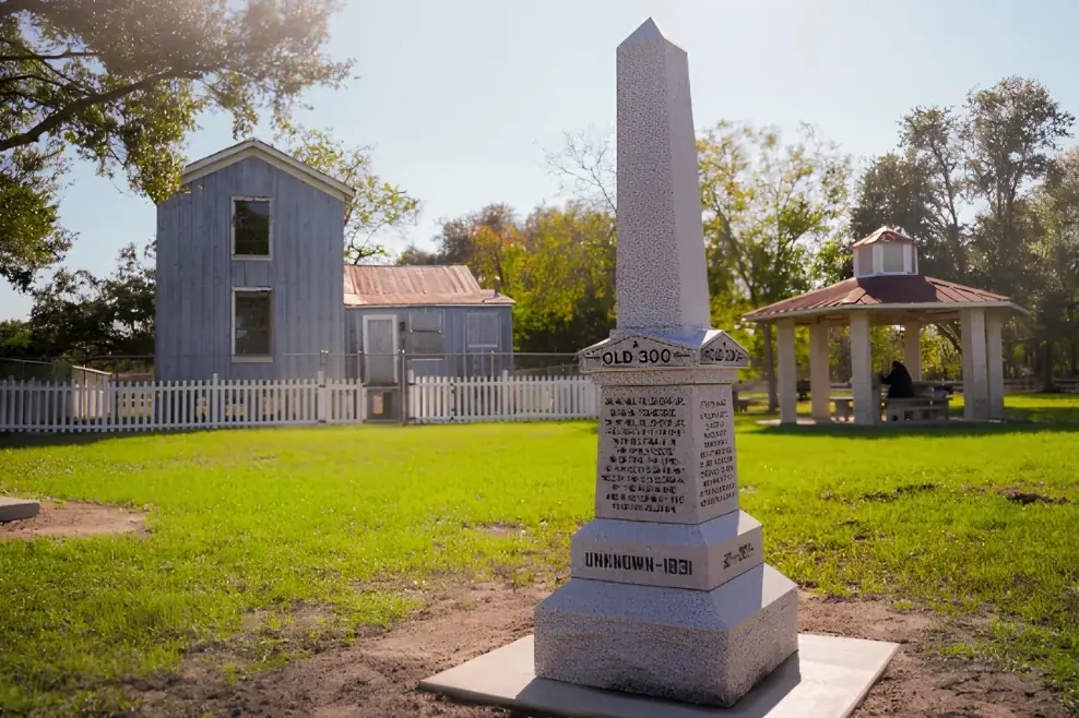 Old 300 monument and historic buildings at Frances Smart Park in Fulshear, Texas