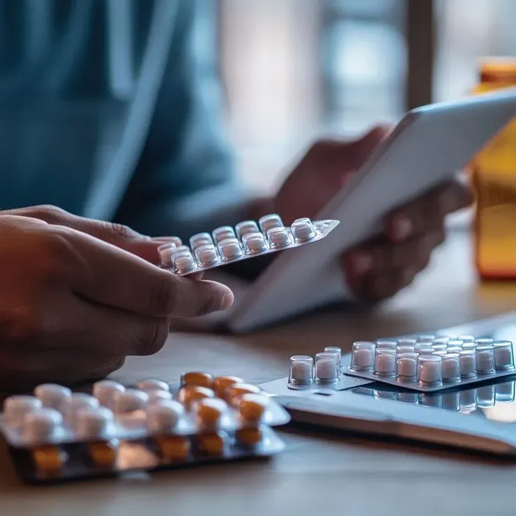 Person reviewing prescribed psychiatric medication with a tablet